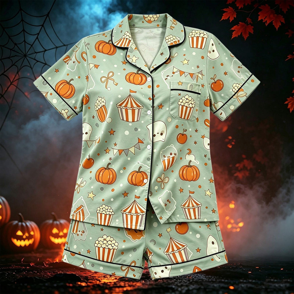 CUZIBR Girls Halloween Pajamas Sets Soft Comfortable Ghost Pumpkin Lapel Button Short Sleeve Shirt Elastic Waist Shorts 2 Pieces Sleep Loungewear Relaxed Sleepwear Outfits, Orange-C