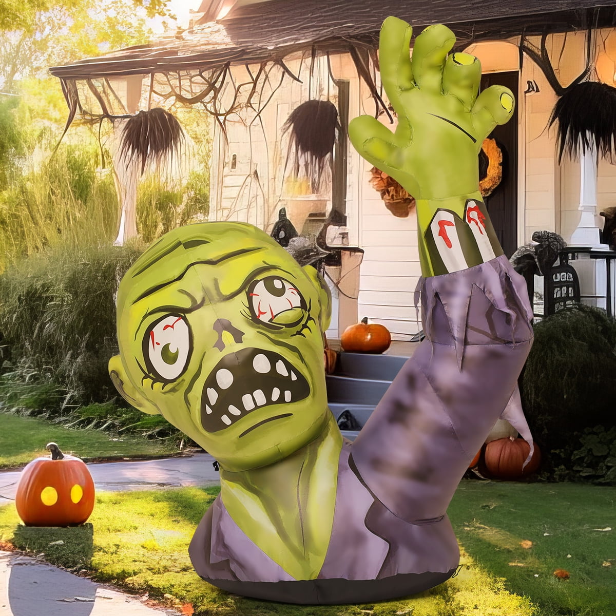GOOSH Halloween Inflatable 5 FT Zombie Inflatable Shaking Hands, Zombie Inflatable Halloween Decorations Scary Halloween Blow Ups with LED Lights, Halloween Inflatables for Holiday/Party