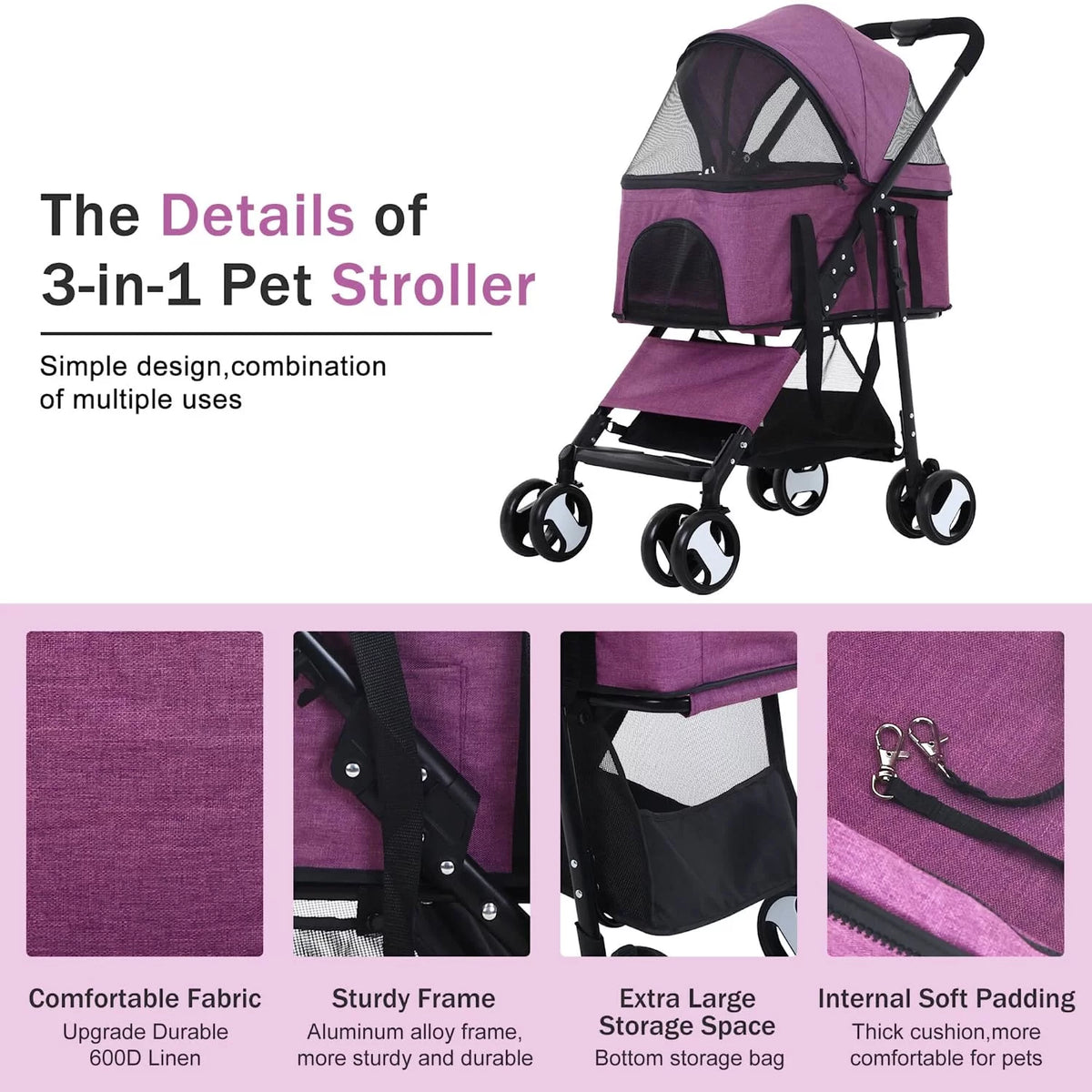 YRLLENSDAN 3-in-1 Pet Stroller With Detachable Carrier And 4 Wheels