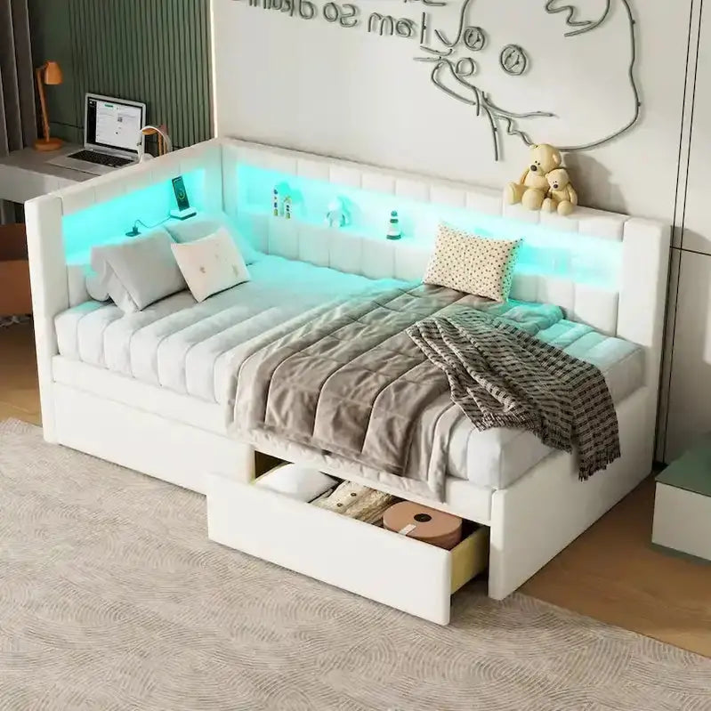 Upholstered Platform Bed Frame With USB Charging, LED Accent Lights And 2 Storage Drawers - Full/Twin