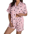 MEZZALL Women Halloween Printed Pajama With Lapel Collar Short Sleeve Tops And Shorts For Home Wear Cozy For Lightweight And Breathable Comfort Relaxed Fit 2 Piece Pjs