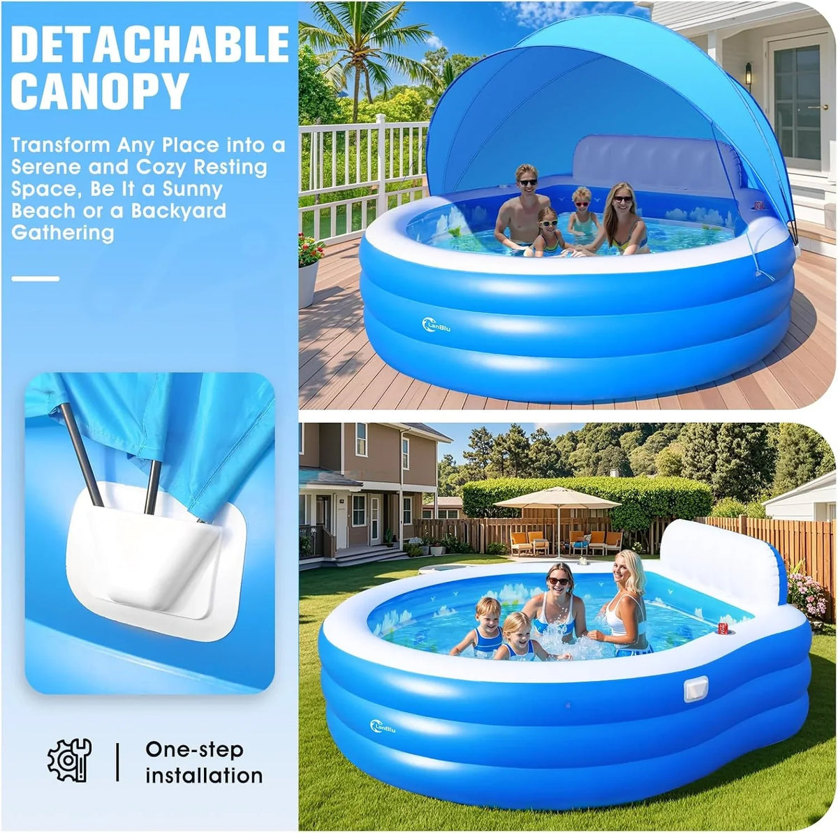 Inflatable Family Lounge Pool With Canopy, Bench And Backrest, 92in x 92in x 26in - Blue