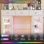 Makeup Vanity Desk With Mirror, LED Lights, Glass Top, 3 Drawers And 2 RGB Glass Cabinets, White