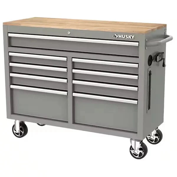 Husky Mobile Workbench With 9 Drawers, Hardwood Top And Power Connection, 117 cm W x 62 cm D - High-Gloss Black