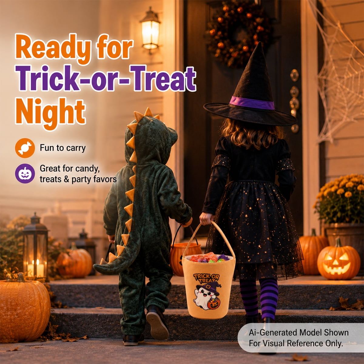 MetMetalrt Trick or Treat Bucket – Orange Cute Ghost Candy Buckets & Tote Bags for Halloween Party Decoration