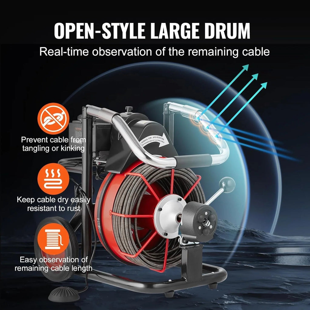 VEVOR Drain Cleaner Machine 100FT x 1/2 Inch, 550W, 8 Cutters, Red + Black