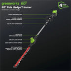 Greenworks 60V 20 in Brushless Cordless Pole Hedge Trimmer With 2.0Ah Battery And Charger