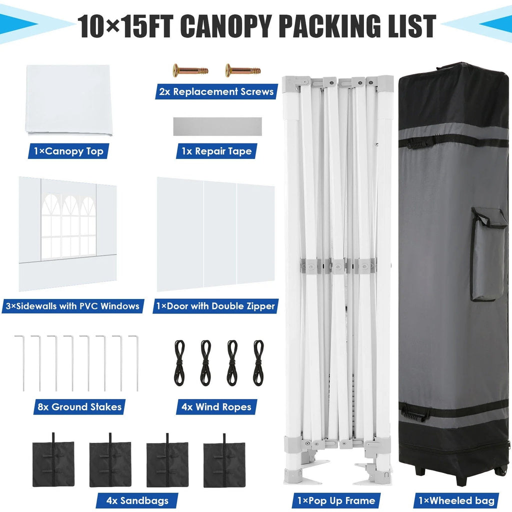 HOTEEL Heavy Duty Pop-Up Canopy Tent 10x15, 4 Sidewalls, Black