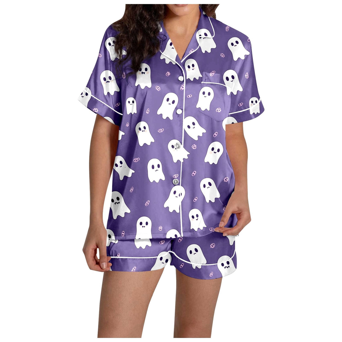 MEZZALL Women Halloween Printed Pajama With Lapel Collar Short Sleeve Tops And Shorts For Home Wear Cozy For Lightweight And Breathable Comfort Relaxed Fit 2 Piece Pjs