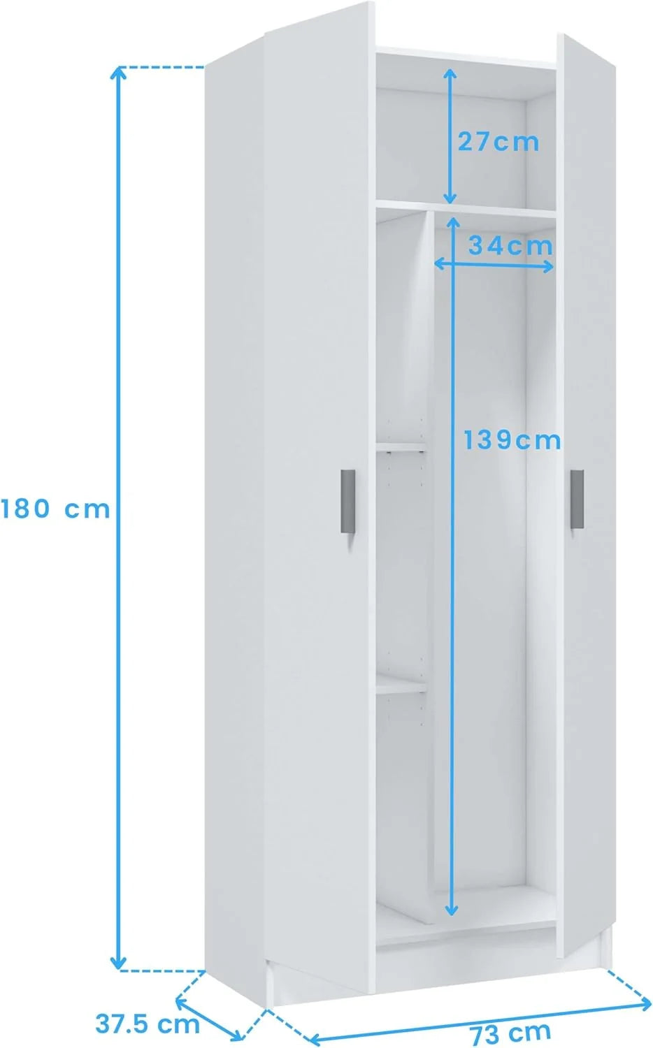 Habitdesign Multi-Purpose Broom Cabinet, 2 Doors, 3 Shelves, 180 x 73 x 37 cm, Matt White