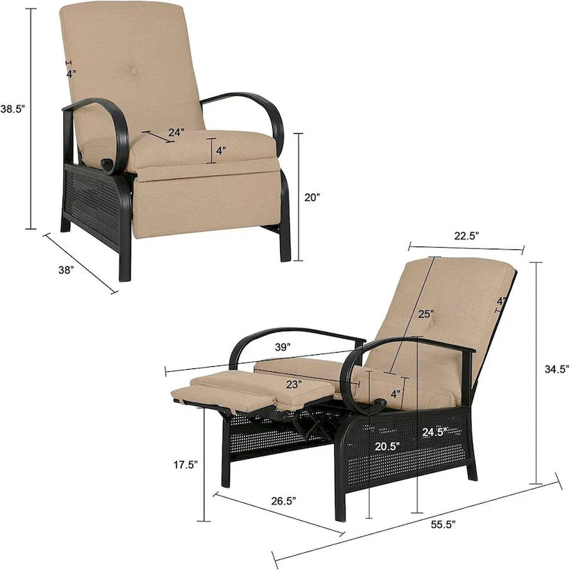 Adjustable Patio Recliner Lounge Chair With Cushion, 300 lbs - 38 (D) x 26.5 (W) x 38.5 (H) Inches