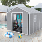 Seizeen Outdoor Resin Storage Shed, 41 Cu. Ft. / 306 Gal, Gray, 3 Doors With Floor