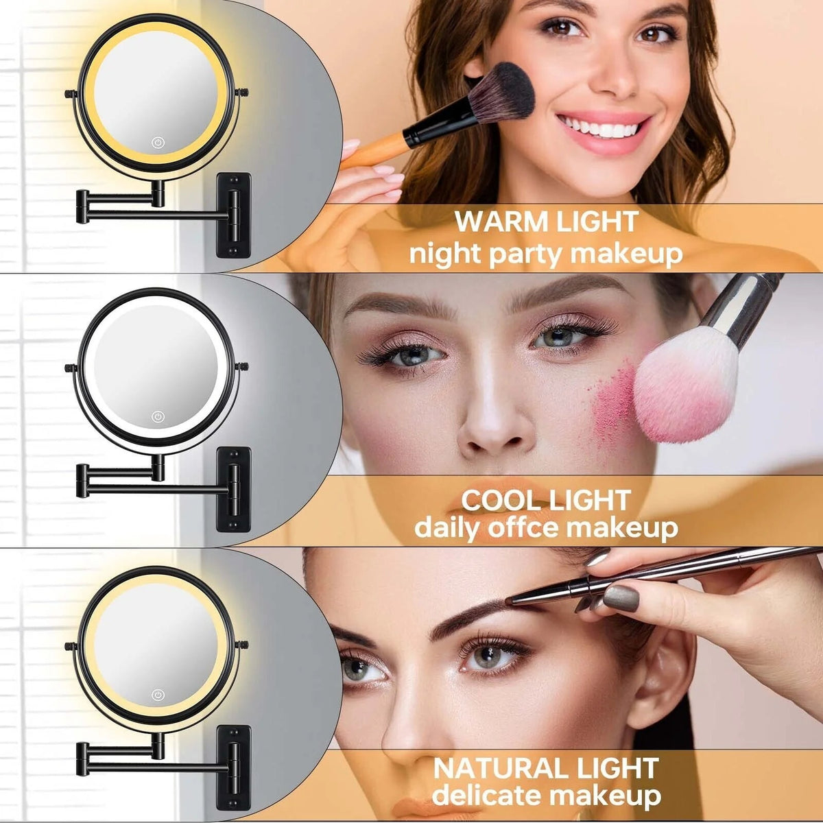 8 Inch Round Wall-Mounted Makeup Mirror, Rechargeable, 1X/10X Magnification, 3-Color LED Lights