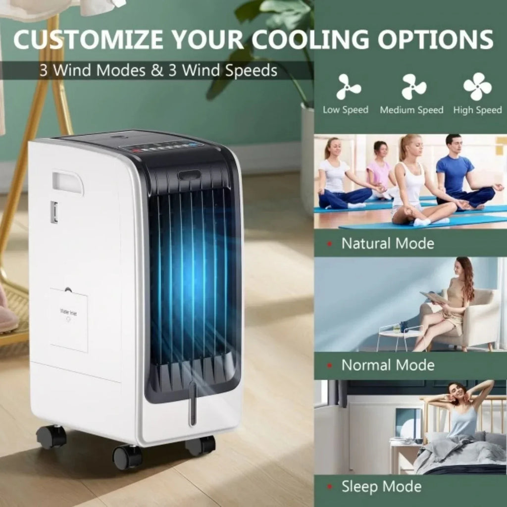 Portable Evaporative Cooling Fan, 6L, 3-Speed, 8H Timer, 110V, White