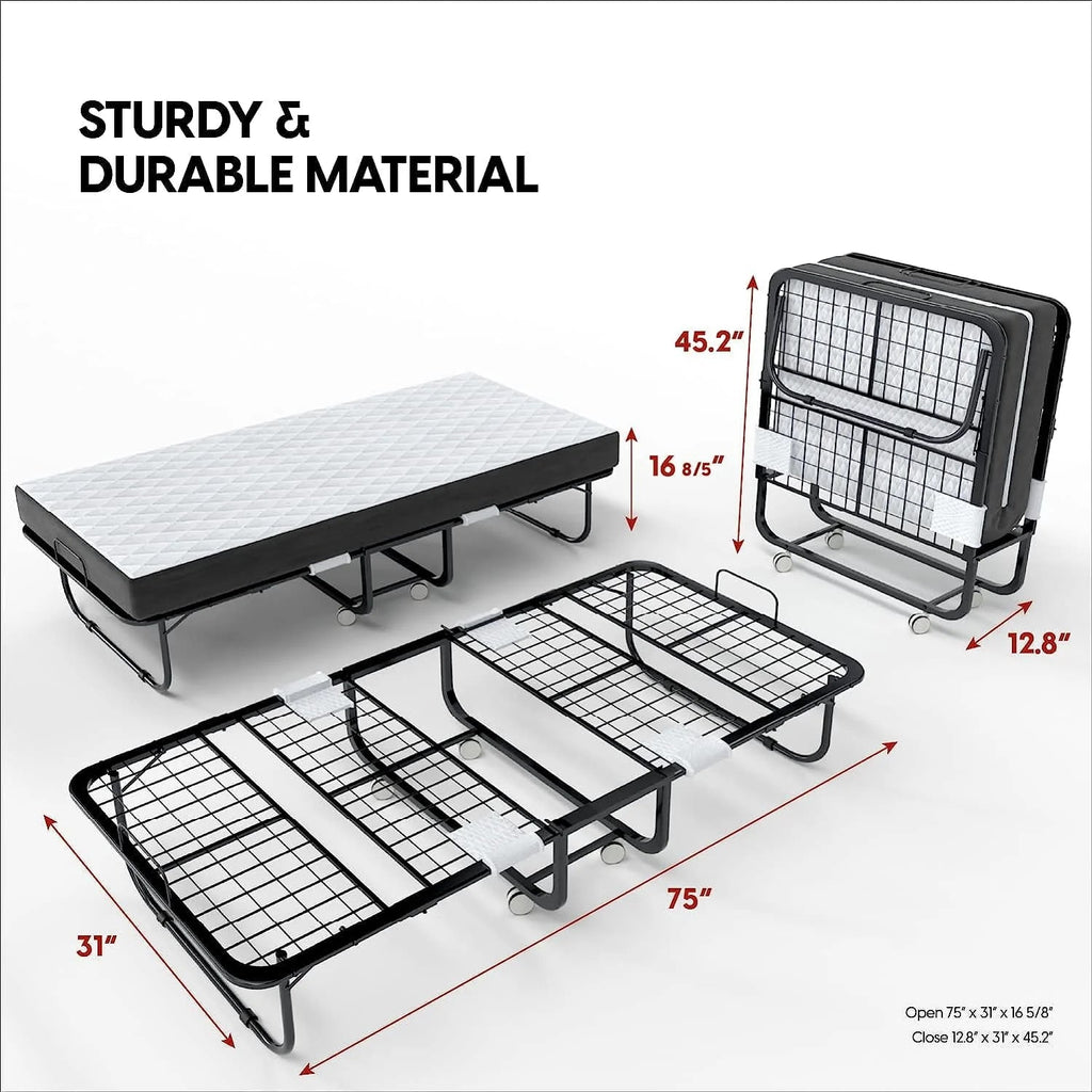 EconoHome Folding Bed With 5-Inch Memory Foam Cot Mattress, 75x31 - Portable Rollaway Bed