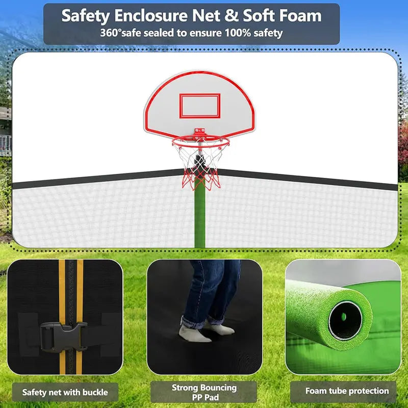 Trampoline With Enclosure Net And Adjustable Basketball Hoop - 8ft, 10ft, 12ft, 14ft, 15ft, 16ft
