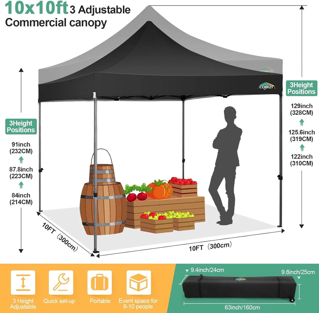 COBIZI 10x20 Heavy Duty Pop-Up Canopy Tent With 6 Sidewalls - Black