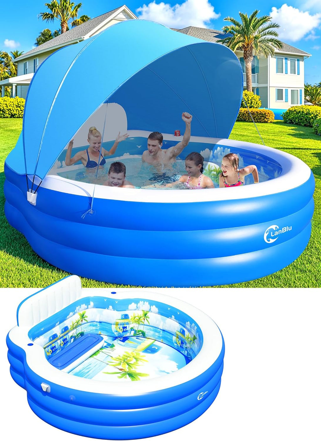 Inflatable Family Lounge Pool With Canopy, Bench And Backrest, 92in x 92in x 26in - Blue