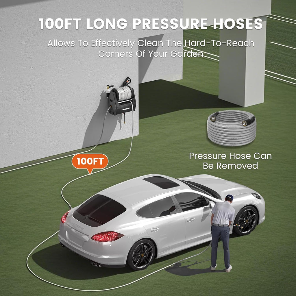 Giraffe Tools Grandfalls Retractable Wall Mount Pressure Washer Plus, 100ft Hose, 2900PSI, 2.2 GPM, Dark Silver - Grandfalls