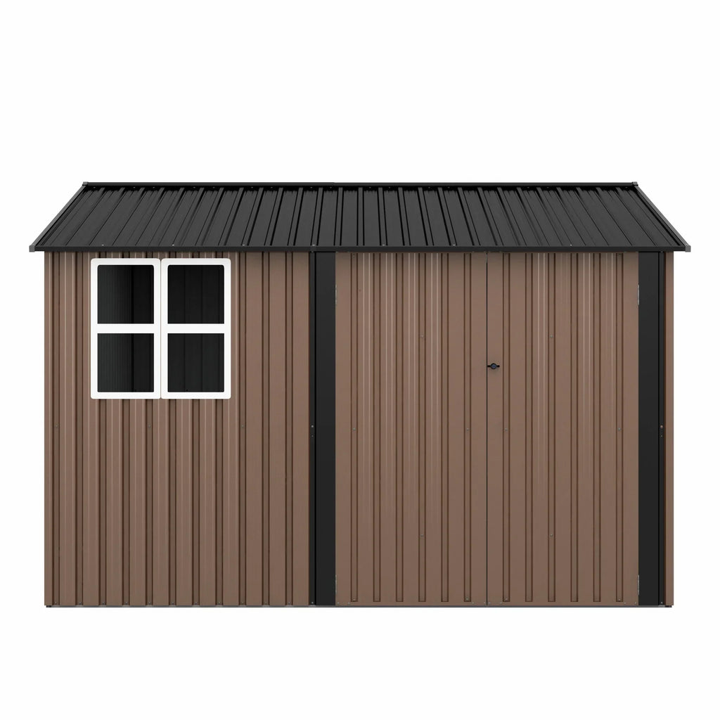 JAXPETY 10 x 10 ft Outdoor Metal Storage Shed With Window And Lockable Door - Brown