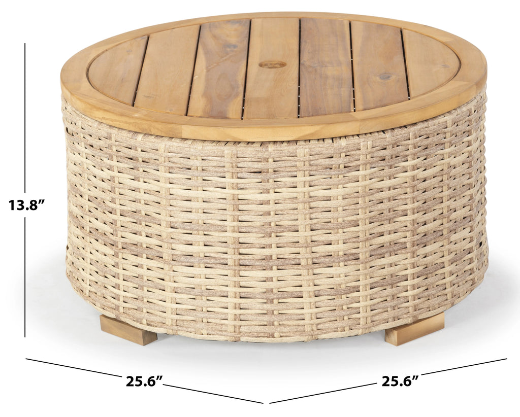 SAFAVIEH Couture Anguilla Outdoor Patio Round Wicker Coffee Table With Storage, Natural