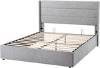 Queen Size Lift-Up Storage Bed With Wingback Headboard, Upholstered Platform Bed Frame With Hidden Storage