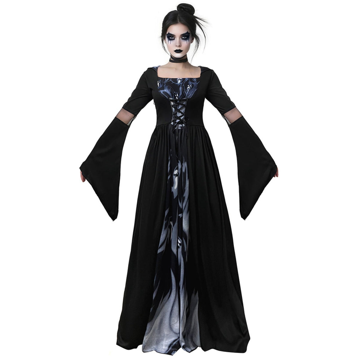 Dark Mage Hooded Robe for Women Halloween Witch Costume with Flared Sleeves & Fitted Bodice