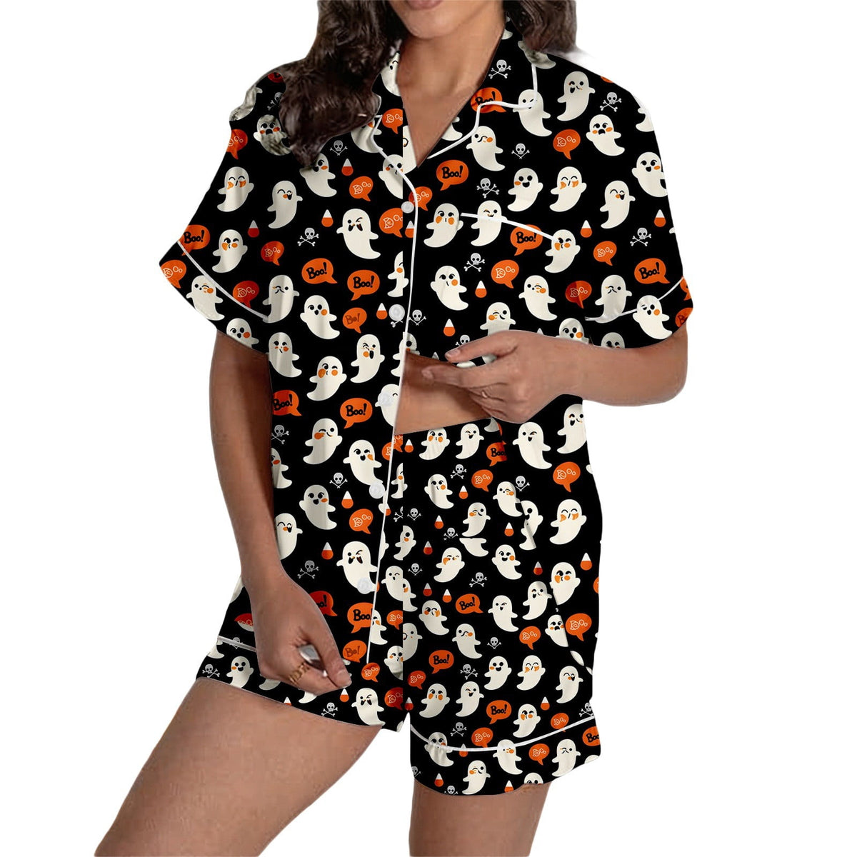 MEZZALL Women Halloween Printed Pajama With Lapel Collar Short Sleeve Tops And Shorts For Home Wear Cozy For Lightweight And Breathable Comfort Relaxed Fit 2 Piece Pjs