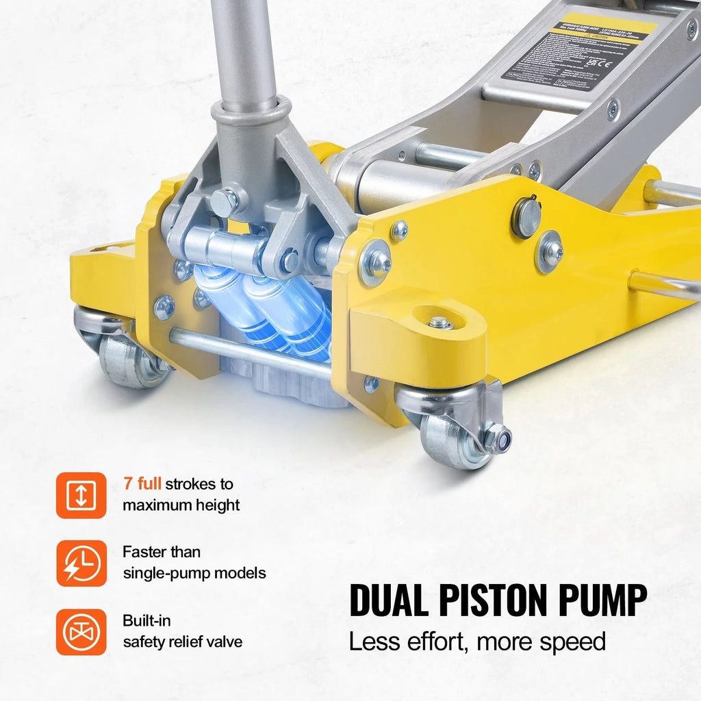 KFFKFF Low Profile Aluminum Floor Jack, 3 Ton Capacity, 3.7-18.3 Inch Lift Range, Dual Piston