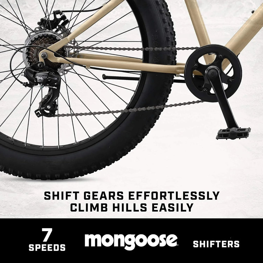 Mongoose Malus Adult Fat Tire Mountain Bike, 26-Inch Wheels, 4-Inch Tires, 7-Speed - R5714C