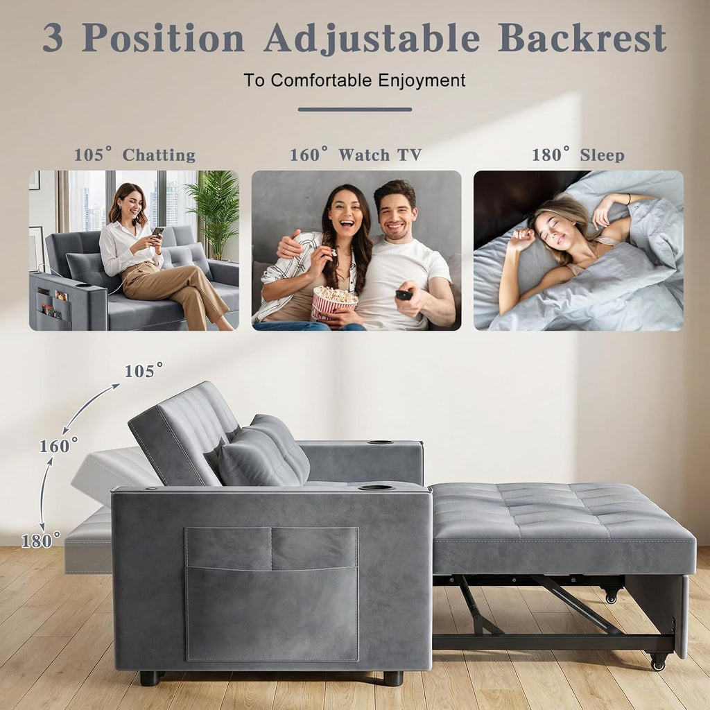 3-in-1 Pull-Out Sofa Bed With Charging Station, Cup Holder And Side Storage - 70in Grey