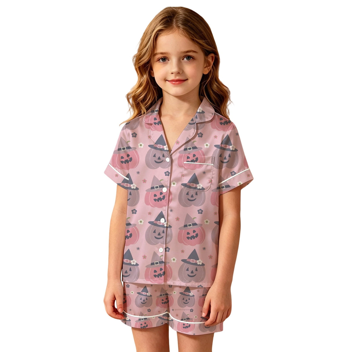 CUZIBR Girls Halloween Pajamas Sets Soft Comfortable Ghost Pumpkin Lapel Button Short Sleeve Shirt Elastic Waist Shorts 2 Pieces Sleep Loungewear Relaxed Sleepwear Outfits, Orange-C