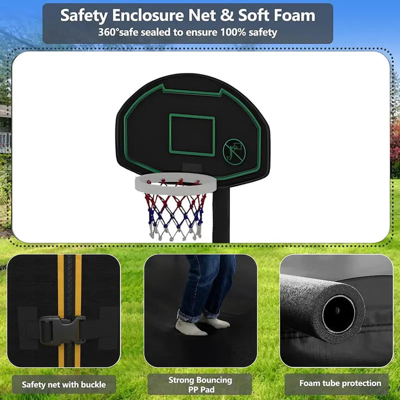 Trampoline With Enclosure Net And Adjustable Basketball Hoop - 8ft, 10ft, 12ft, 14ft, 15ft, 16ft