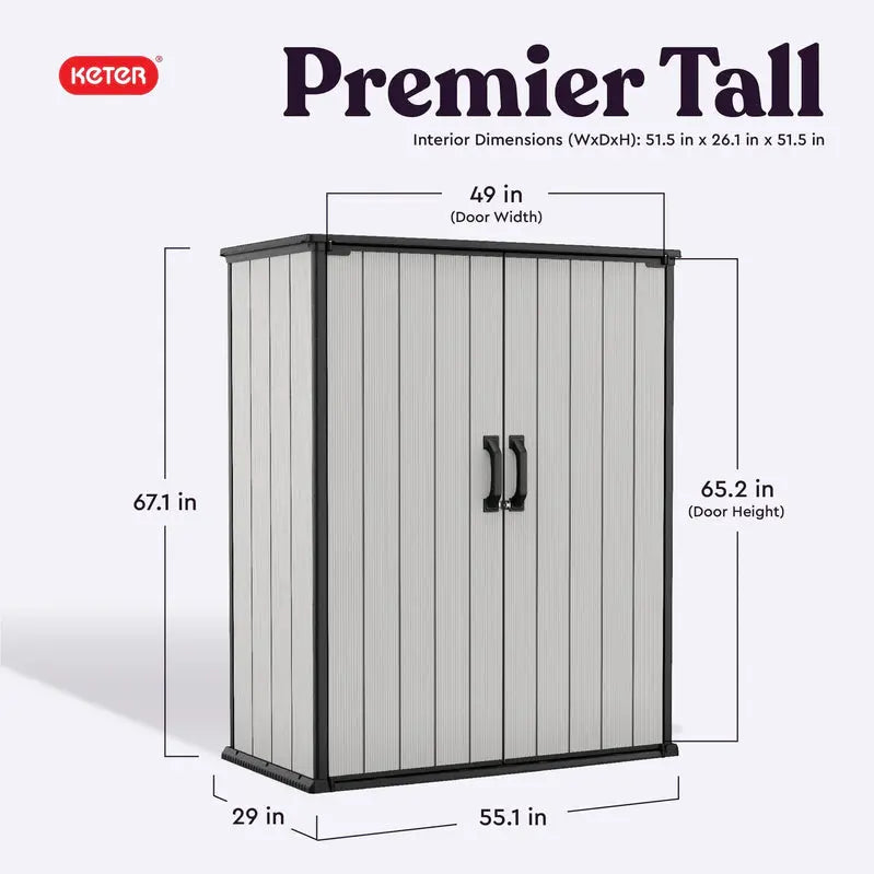 Keter Premier Vertical Outdoor Storage Shed With Floor, Lockable Double Doors, Grey