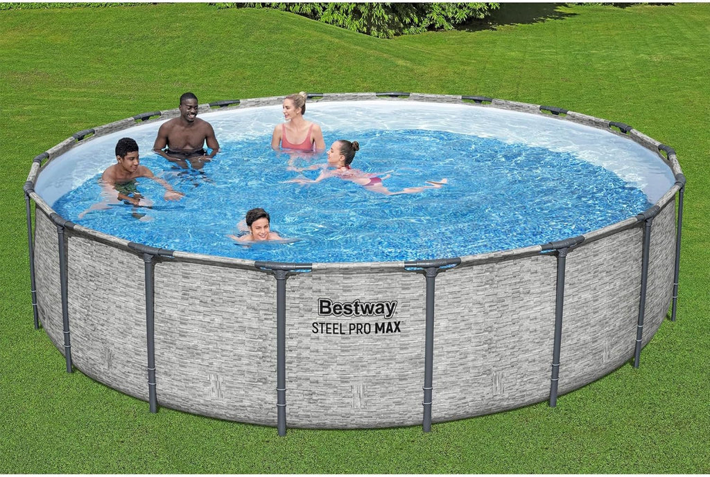 Steel Pro MAX 14 Foot x 48 Inch Round Steel Frame Above Ground Pool Set With 1,000 Filter Pump, Ladder And Cover - Gray