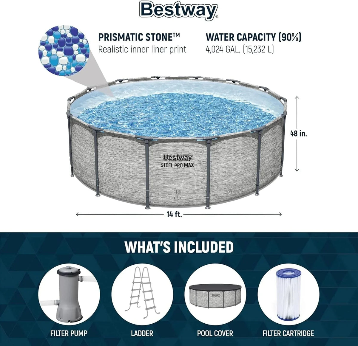 Steel Pro MAX 14 Foot x 48 Inch Round Steel Frame Above Ground Pool Set With 1,000 Filter Pump, Ladder And Cover - Gray