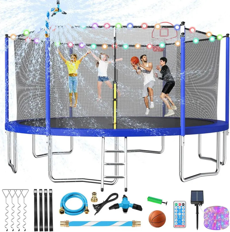 Trampoline With Enclosure Net And Adjustable Basketball Hoop - 8ft, 10ft, 12ft, 14ft, 15ft, 16ft