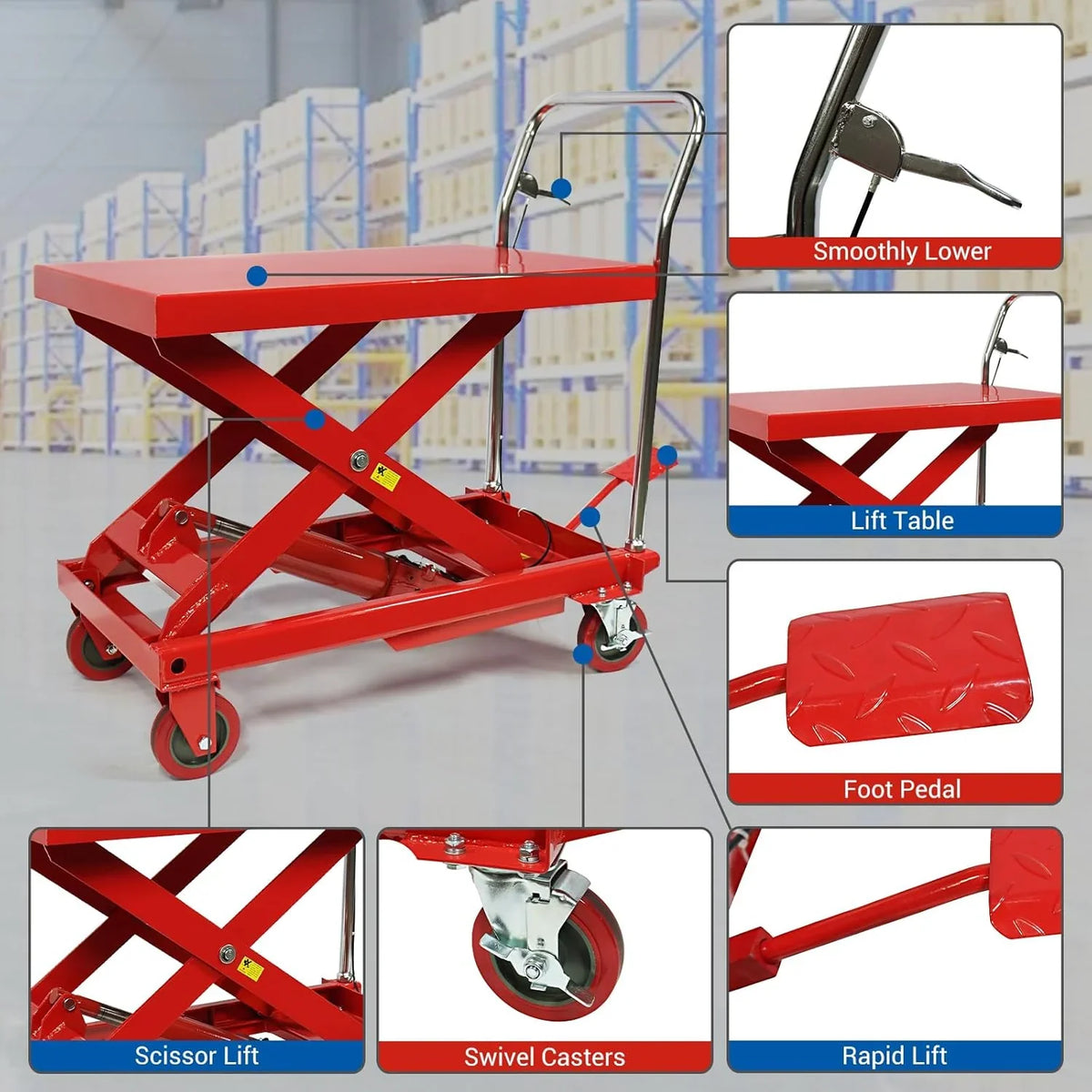 Hydraulic Double Scissor Lift Table Cart, 500 lbs, 30 inch Lifting Height