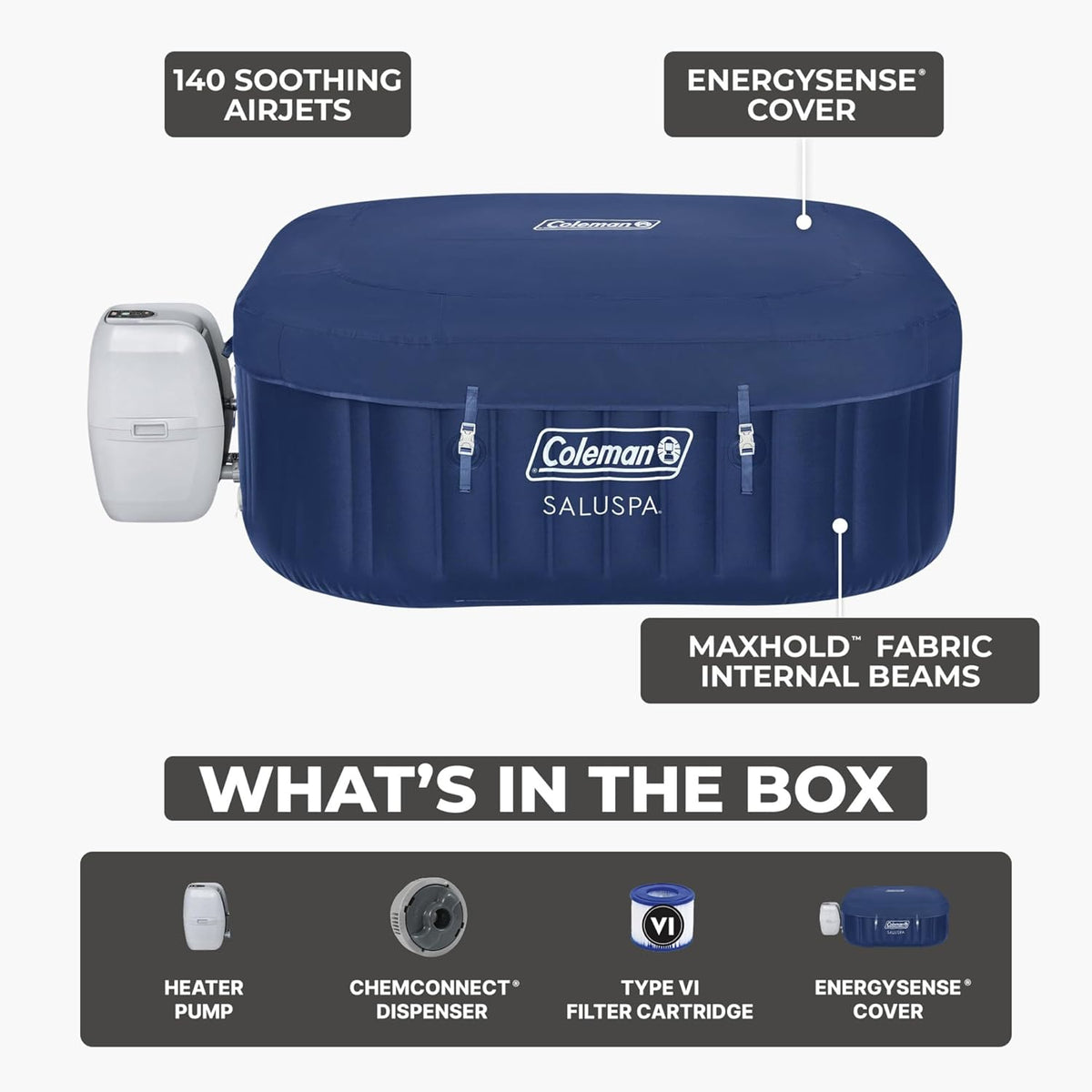 Coleman SaluSpa Atlantis AirJet Inflatable Hot Tub, 4 to 6 Person, 140 Air Jets, 71 x 28 in
