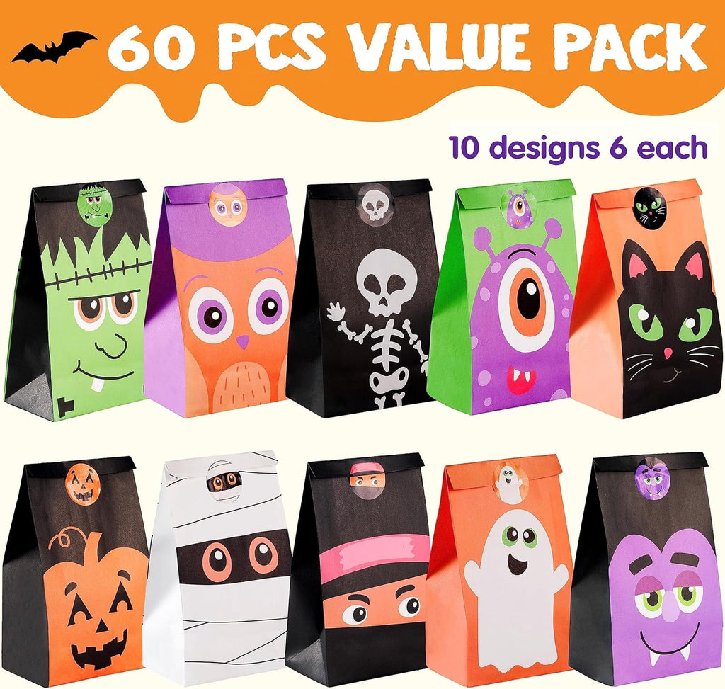 Joyfy 60 PCS Halloween Treat Bags with Stickers, Halloween Trick or Treat Bags for Kids Halloween Party Favors Exchange, Goodie and Candy Bags for Holiday Party Supplies