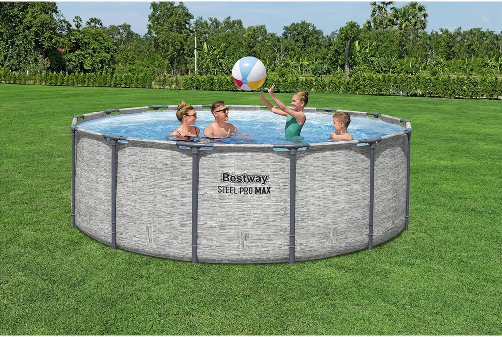 Steel Pro MAX 14 Foot x 48 Inch Round Steel Frame Above Ground Pool Set With 1,000 Filter Pump, Ladder And Cover - Gray