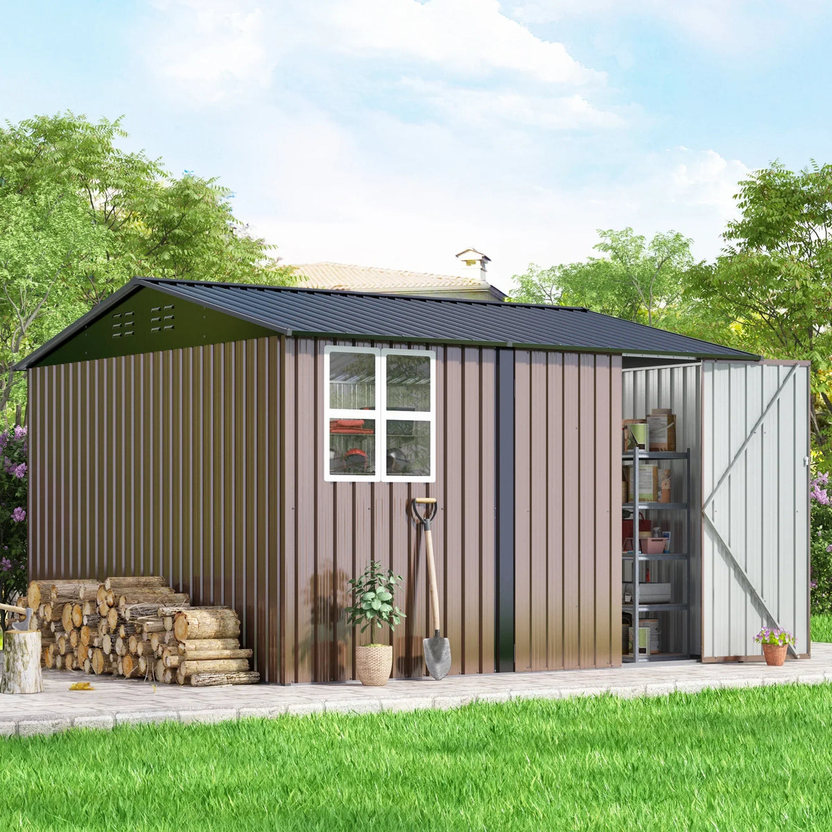 JAXPETY 10 x 10 ft Outdoor Metal Storage Shed With Window And Lockable Door - Brown