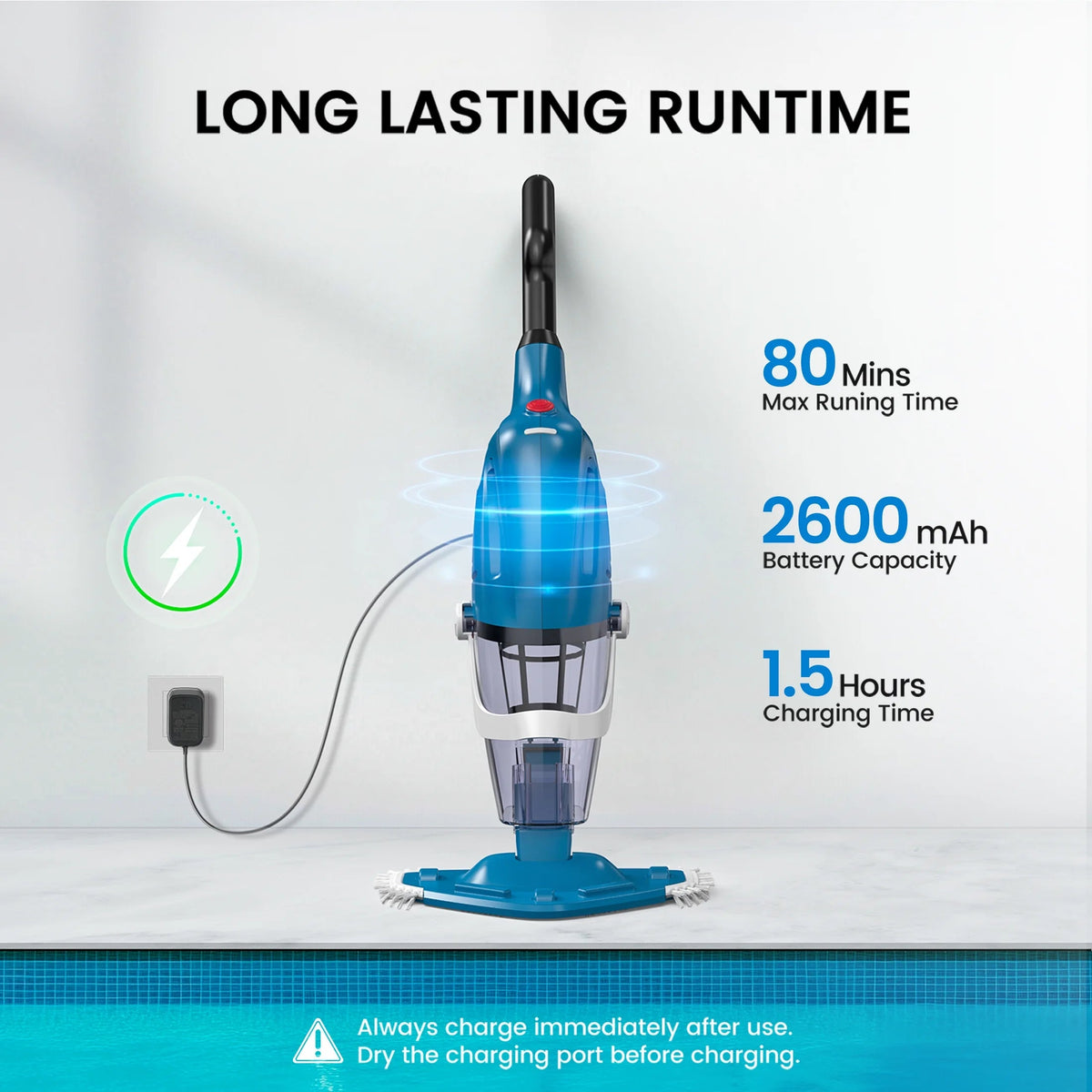 Cordless Handheld Pool Vacuum Cleaner With 80-Minute Runtime And 3.2-6.4 ft Telescopic Pole