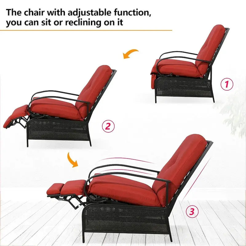 Adjustable Patio Recliner Lounge Chair With Cushion, 300 lbs - 38 (D) x 26.5 (W) x 38.5 (H) Inches