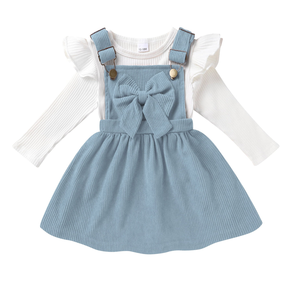 Younger Tree Toddler Baby Girl Fall Dress Outfit Long Sleeve Top Strap Dress Overall with Pocket Clothes Set for 2-3T