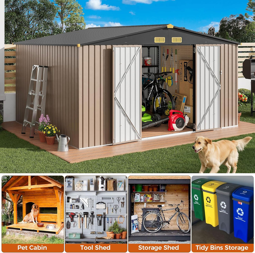 IRONCK Metal Outdoor Storage Shed, 10x12ft, Brown