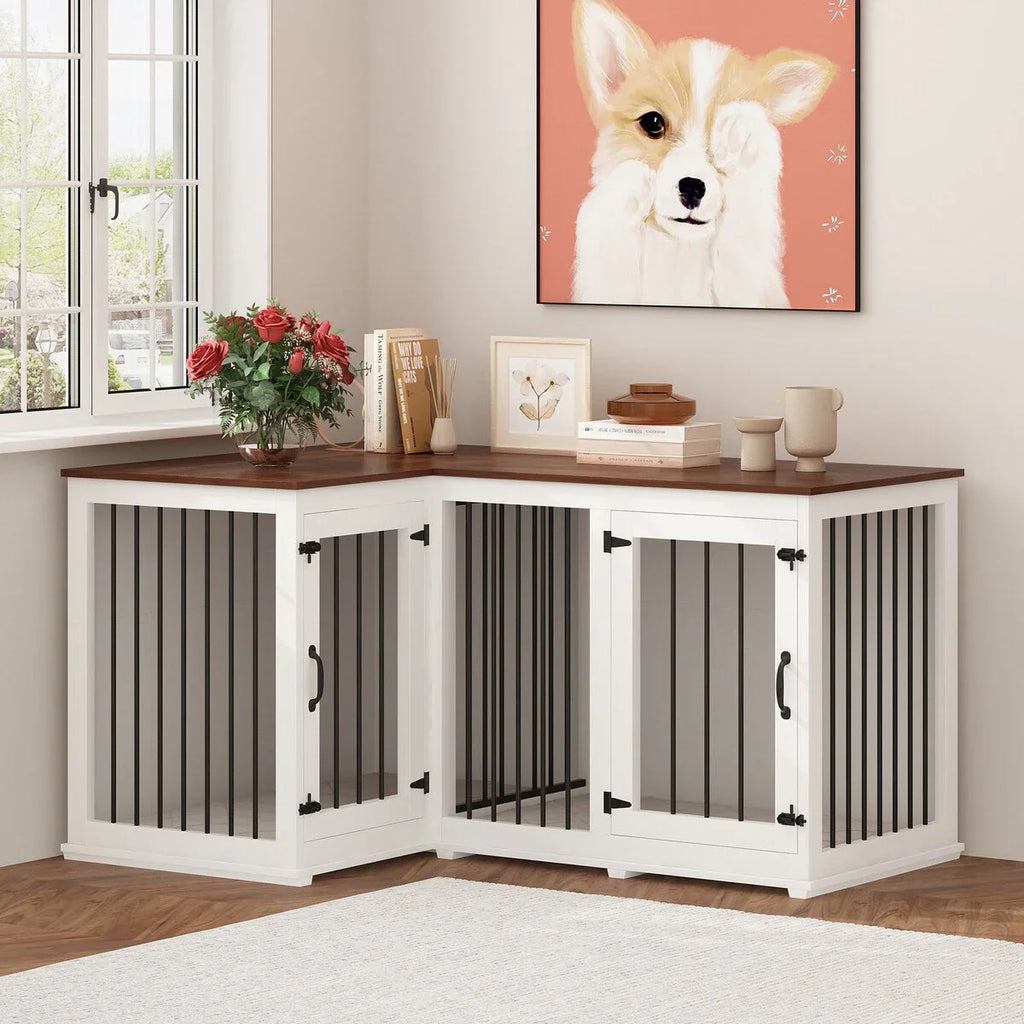 L Shape Corner Dog Crate Furniture For 2 Dogs, 58.7X41.1