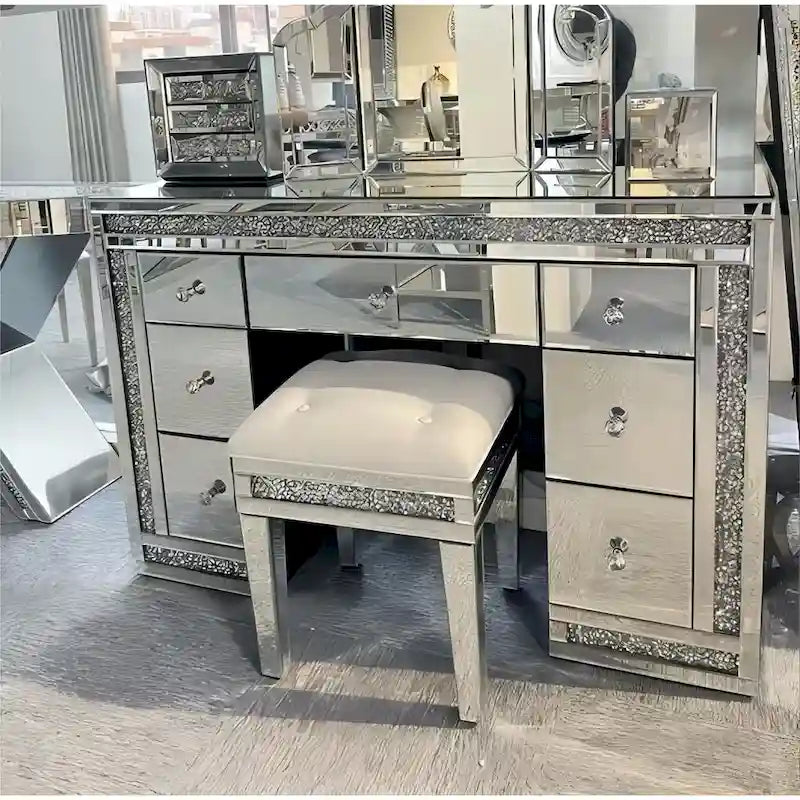7-Drawer Mirrored Vanity Makeup Table With Sparkling Diamond - 50 W x 37 H x 20D
