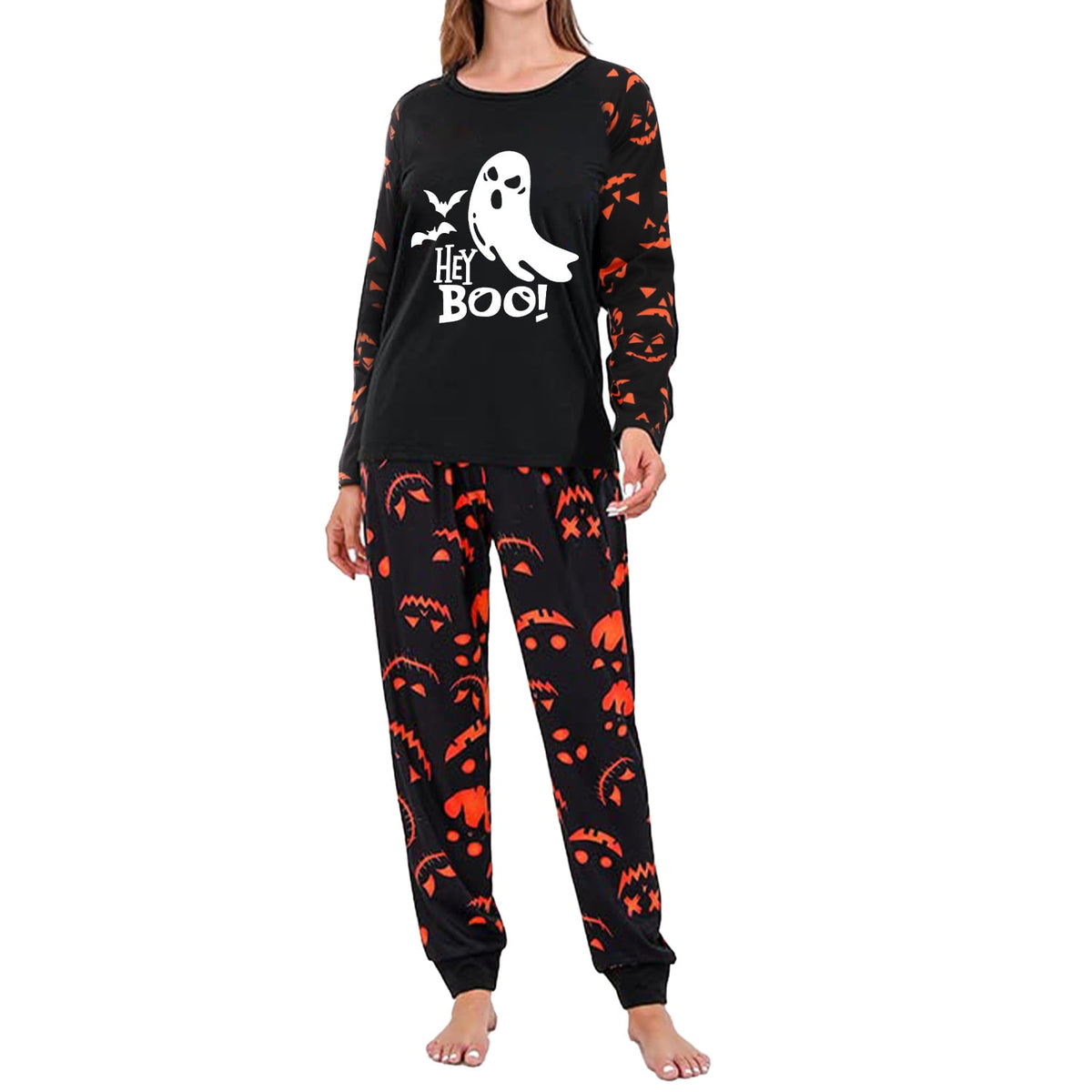 DAKIMOE Halloween Pajamas Family Matching Glow In The Dark Halloween Print Long Sleeve PJs Set Outfits 2 Pieces Cotton Loungewear Sleepwear for Adult Men Women Kids Toddler, Mom-M