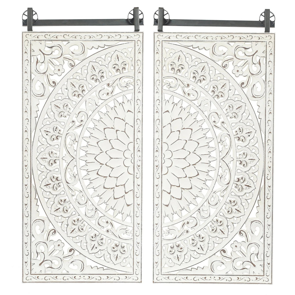Set Of 2 Distressed Ivory White Wood Flower Wall Art With Black Accents - 33.1in H x 14.6in W
